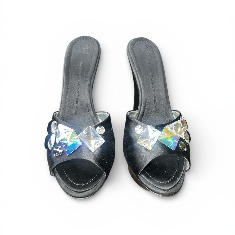 Giuseppe Zanotti Dea Black Satin Jeweled Platform Mules Size 40 New in Box
